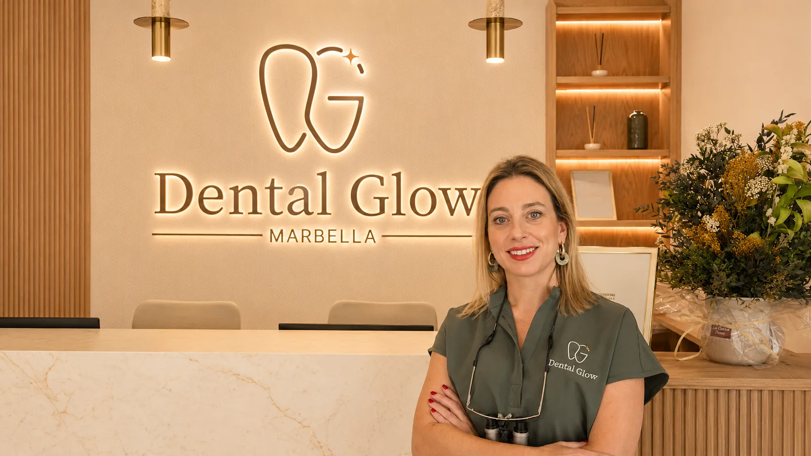Dra. Marta Corrales, Directora Odontológica en la recepción de Dental Glow Marbella