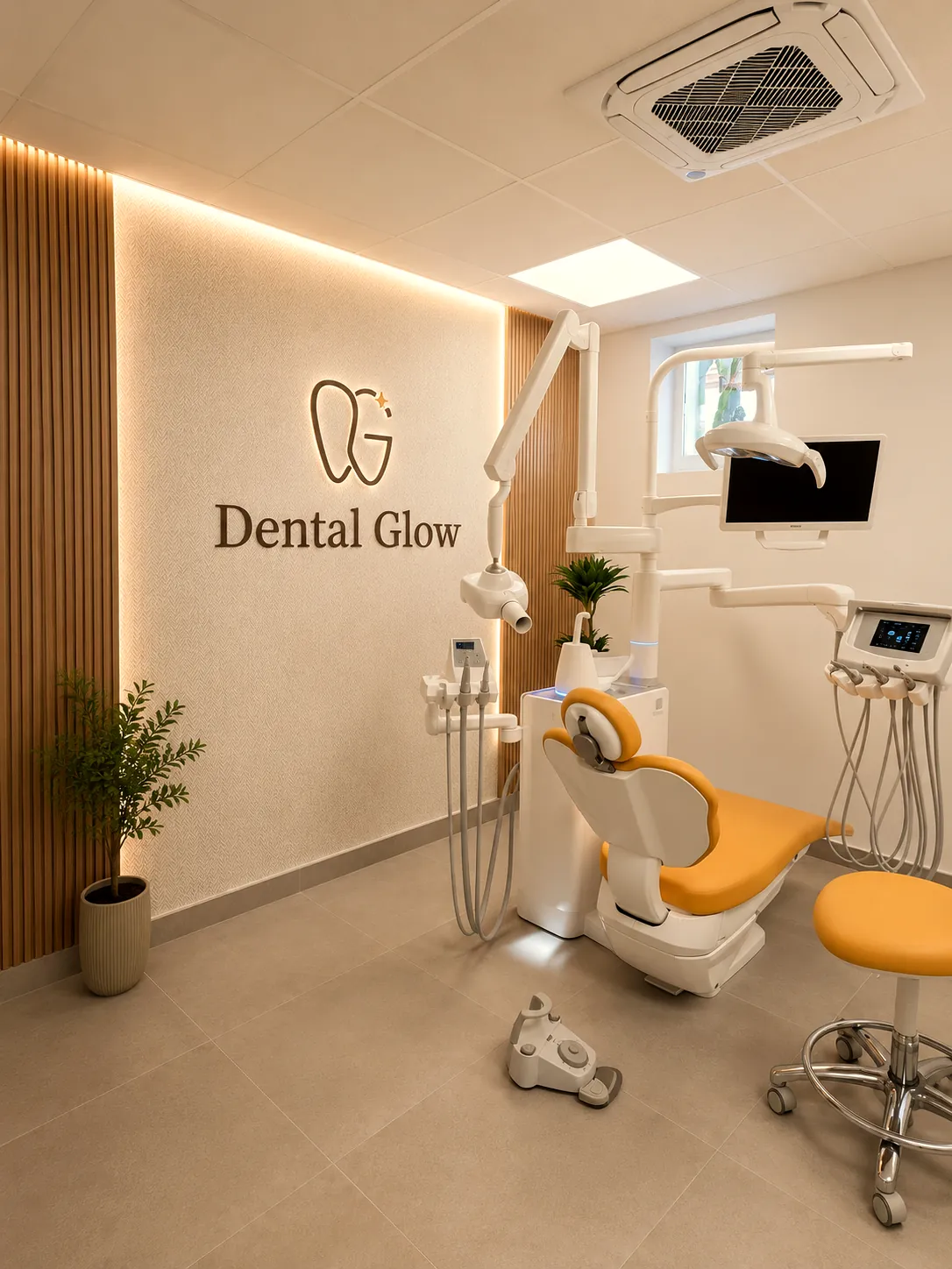 Gabinete clínico equipado con el logotipo de Dental Glow en pared