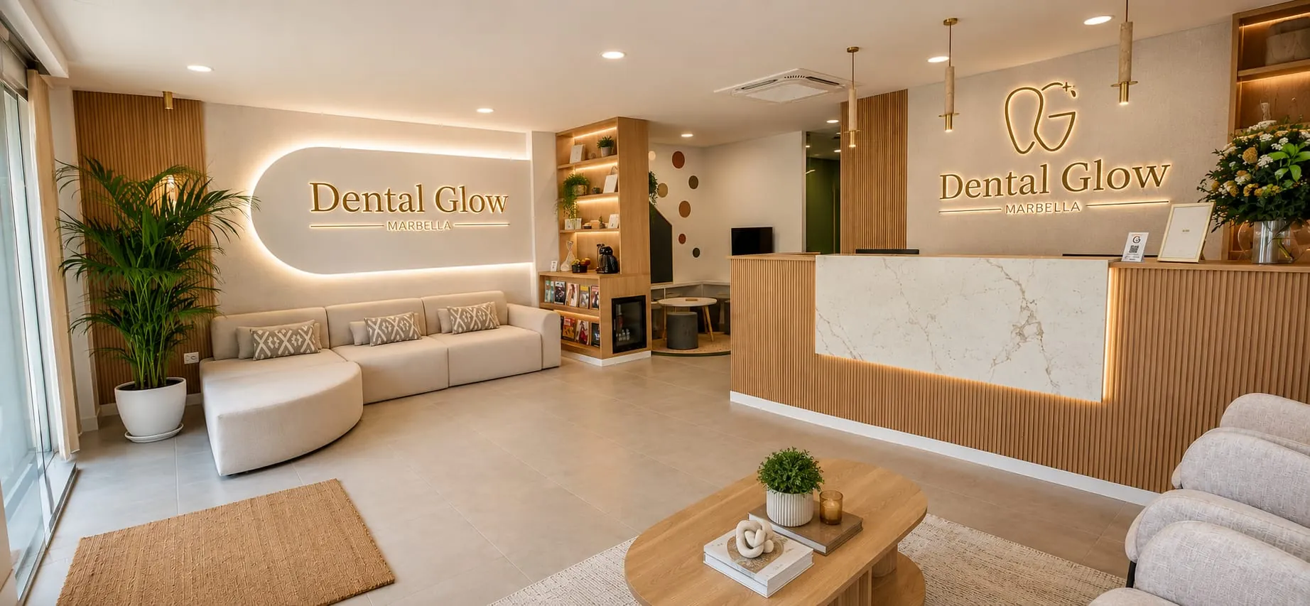 Sala de espera moderna y acogedora en Dental Glow Marbella