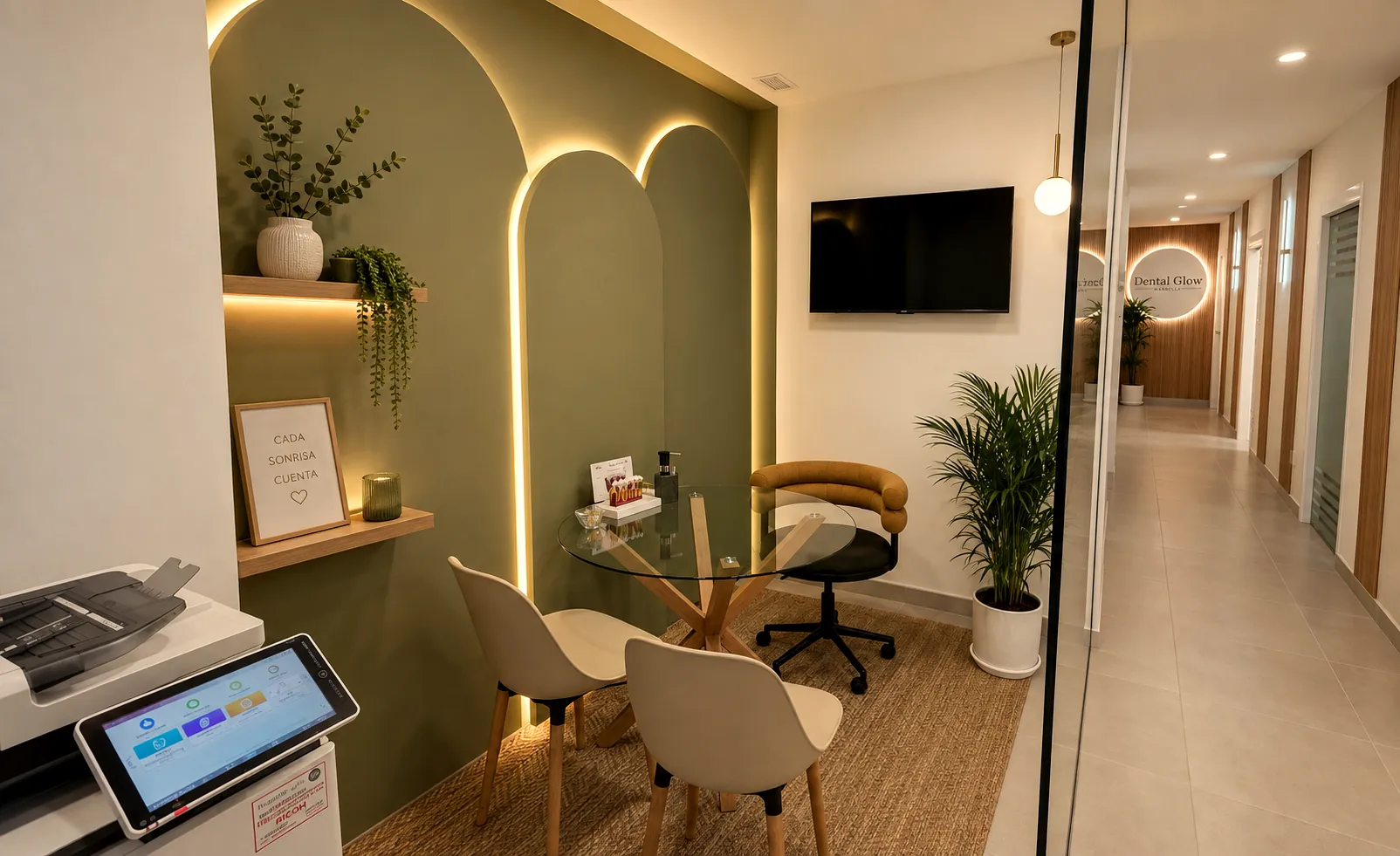 Pasillo distribuidor e instalaciones avanzadas de la clínica Dental Glow