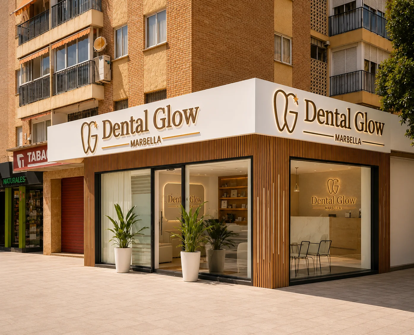 Vistas exteriores de la esquina y fachada de Dental Glow Marbella