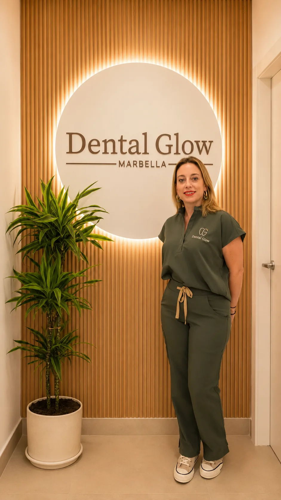 Dra. Marta Corrales junto al logotipo de Dental Glow Marbella