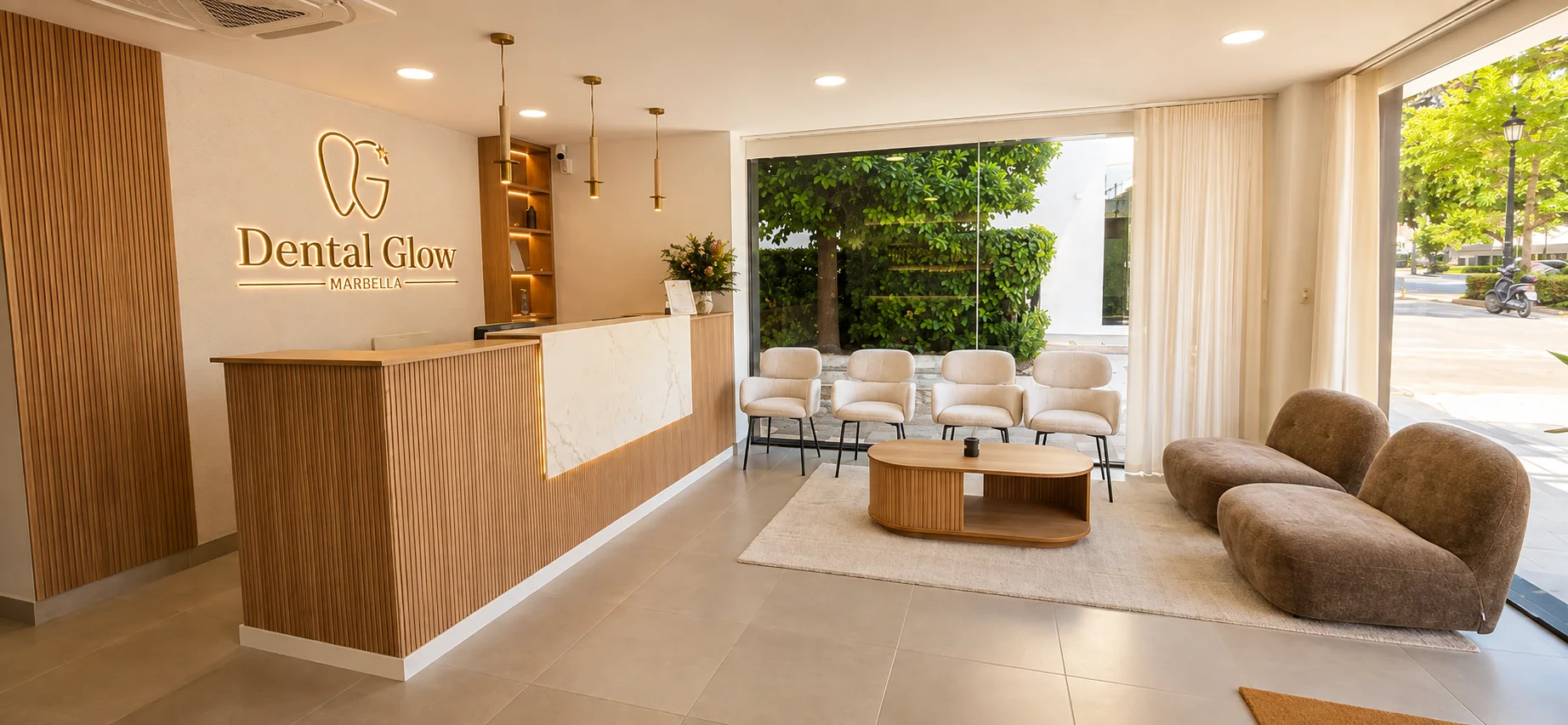 Recepción luminosa y espacio acogedor de Dental Glow Marbella en Av. Ricardo Soriano 60